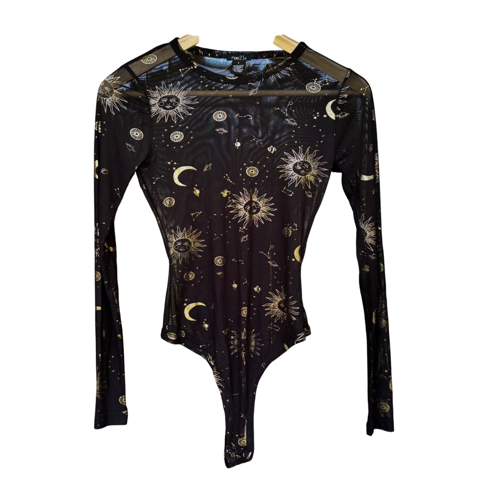 Sheer Mesh Body Suit Women Size S Celestial Sun Moon Star Black Gold Y2K Cosmic